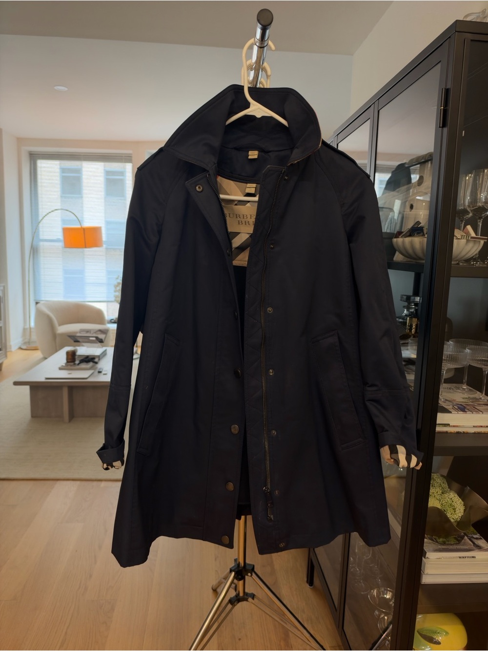 Burberry Navy Blue Trench Coat with Check Lining